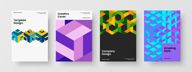 Fototapeta premium Multicolored annual report A4 design vector concept set. Fresh geometric pattern booklet layout composition.