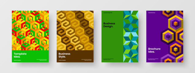 Fototapeta premium Bright pamphlet A4 design vector illustration collection. Original geometric shapes company cover concept bundle.