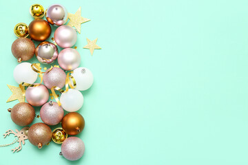 Beautiful composition with Christmas decorations on color background