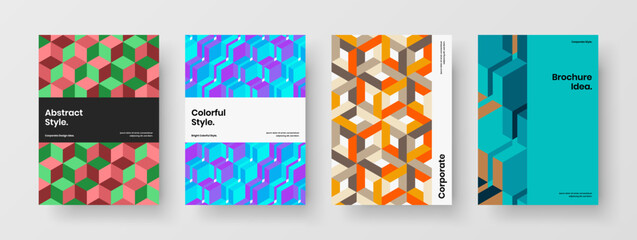 Simple mosaic pattern handbill template bundle. Multicolored corporate cover A4 design vector concept set.