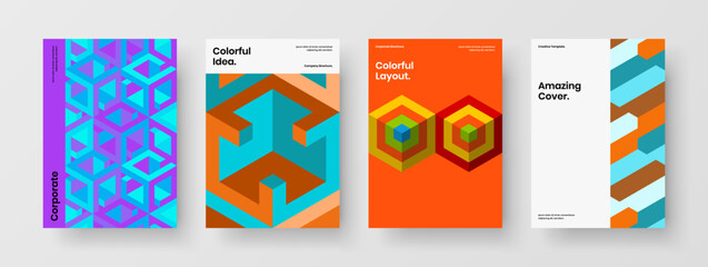 Fototapeta premium Minimalistic corporate cover design vector concept set. Bright geometric pattern handbill illustration bundle.