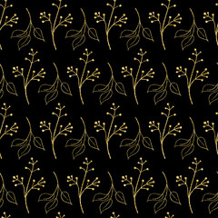 Golden shimmer glitter twig with leaves seamless pattern for textile, decorative illustration