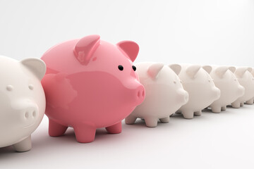 Outstanding Pink Piggy bank lined up with white piggy banks. Best financial decision for savings or investment