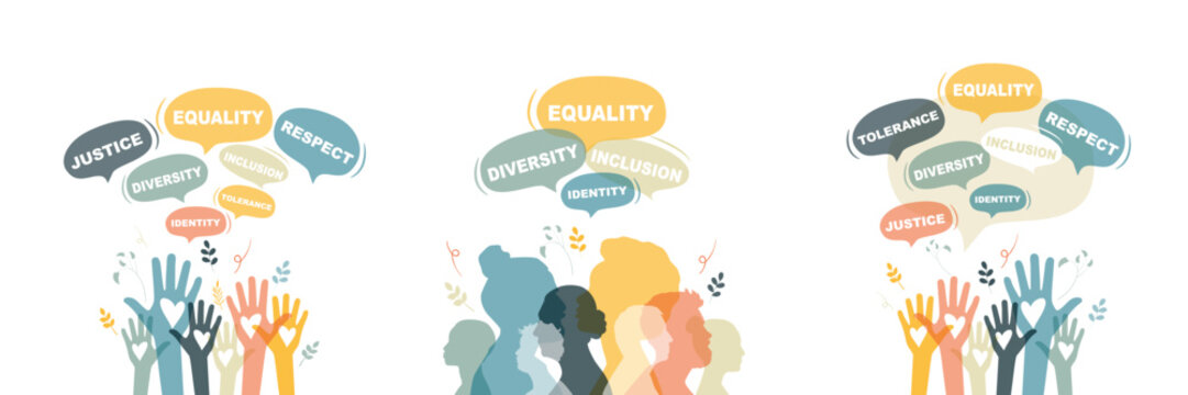 Diversity, Equality, Inclusion, Identity, Tolerance, Respect, Justice - card set.