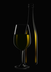Bottle and glass of white wine. Vector illustration of a bottle and a glass of white wine on a dark background. Sketch for creativity.