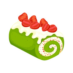 Matcha cupcake roll with cream on top for decoration, filling with cream and sliced strawberry pieces, strawberries for decoration, green tea added dessert, desserts, food clipart