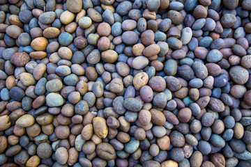 small smooth waterworn black pebbles or stones for use decor and garden landscaping. tone garden interiors. stone spa