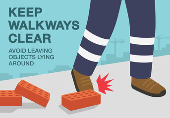 Workplace golden safety rule. Keep walkways clear, avoid leaving objects lying around. Close-up view of foot stumbling over bricks. Flat vector illustration template.