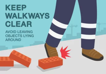 Fotobehang Workplace golden safety rule. Keep walkways clear, avoid leaving objects lying around. Close-up view of foot stumbling over bricks. Flat vector illustration template. © flatvectors