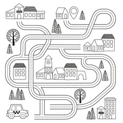 Maze game with vehicles and tangled road. Help the taxi to reach the destination point. Coloring book page