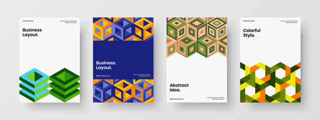 Fototapeta premium Vivid corporate brochure vector design layout composition. Isolated mosaic shapes leaflet illustration bundle.