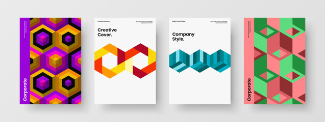 Modern mosaic hexagons catalog cover template set. Vivid corporate identity A4 design vector concept bundle.