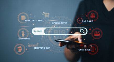 Women using smartphone watching social and shopping online, paying money in the digital world, social media and digital online concepts, deciding to choose the best choice campaign big sell discount.