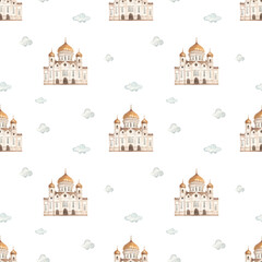 Watercolor seamless pattern with the sights of Russia, the Cathedral of Christ the Savior on a white background