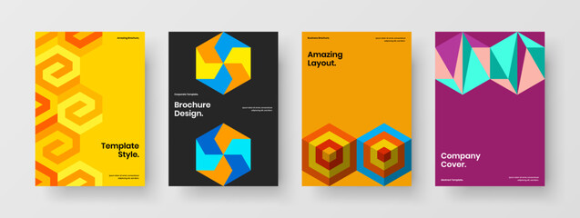 Clean mosaic hexagons book cover layout bundle. Fresh flyer vector design template set.