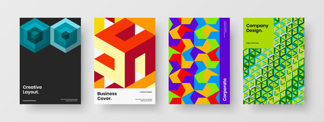 Fototapeta premium Clean pamphlet A4 vector design layout set. Modern geometric hexagons front page illustration composition.