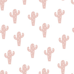 Seamless pattern with cartoon cacti, decor elements. Colorful vector, flat style. Hand drawing, floral ornament. design for fabric, textile, print, wrapper