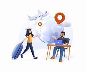 3D Global travelling render vector illustration. Global insurance, world trip, AdventureIs Ageless international tourism, travel agency, working holiday, luxury vacation resort chain abstract metaphor
