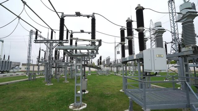 Power line industrial view, line of electric transmissions, view of the transformers, the process of energy conversion and transportation electricity.