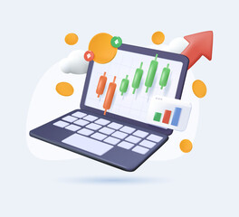 Trading, digital graph rising and falling. 3D laptop notebook financial bill, funding business graph on computer with money. Investment 3D render vector illustration. Crypto exchange