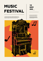 Pump organ, hand-pumped harmonium, samvadini. Music festival poster. Keyboard musical instruments. Competition. A set of vector illustrations. Minimalistic design. Banner, flyer, cover, print.