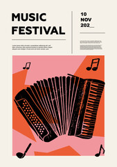 Accordion, squeezebox, squeeze box, squeeze-box, bayan. Music festival poster. Reed musical instruments. Competition. A set of vector illustrations. Minimalistic design. Banner, flyer, cover, print.