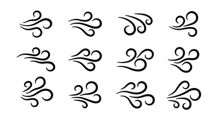 Hand drawn wind air flow icon set. Free breath symbol. Fresh air flow sign. Doodle wind blow icons collection. Weather symbol. Climate design element. Vector illustration isolated on white background.