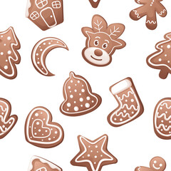 Christmas pattern gingerbread cookies figures. A large set of Christmas gingerbread: houses, crescent moon, mitten, man, reindeer, sock, tree, bell, star. Vector flat illustration. New Year decor