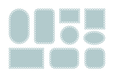 Circle and square scalloped frames. Scalloped edge rectangle and ellipse shapes. Simple label and sticker form. Flower silhouette lace frame. Vector illustration isolated on white background.