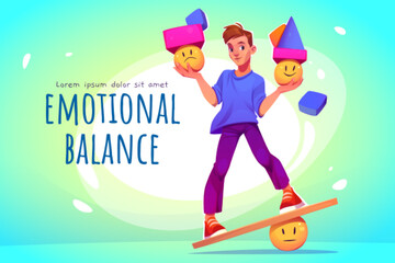 Emotional balance banner with man on seesaw choosing between sad and happy emoji. Concept of feelings and emotions control, mental discipline, inner harmony, vector cartoon illustration