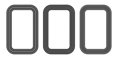 Auto tire tread rectangle frame. Car and motorcycle tire pattern, wheel tyre tread track print. Black tyre square border. Vector illustration isolated on white background.