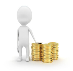 3d man with pile of coins concept