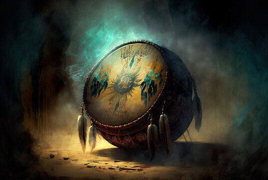 Beautiful shaman drum, shaman drum to call the spirits, shamanism, spirituality, mystic, spirits, call of the drum, shaman, illustration, generative ai