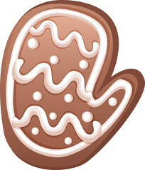 Christmas gingerbread mitten. New Year's sweets. Sweet Christmas Traditional Cookie. Vector illustration of winter food.Transparent background png. Happy holidays flat style. Nice decorated biscuits.