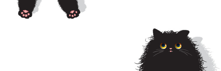 Fluffy black Cat face head silhouette. Pink paw print. Black kitten. Funny line banner. Cute kawaii animal. Notebook cover. Sticker print. Cartoon pet baby card. Graph design. White background. Vector