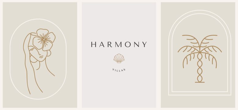 linear set template logo symbols with female and shell and palm on a nude background