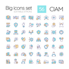 CIAM RGB color icons set. Consumer security. User confidential data management. Isolated vector illustrations. Simple filled line drawings collection. Editable stroke. Quicksand-Light font used