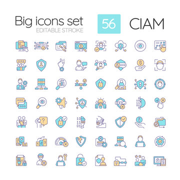 CIAM RGB color icons set. Consumer security. User confidential data management. Isolated vector illustrations. Simple filled line drawings collection. Editable stroke. Quicksand-Light font used