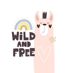 wild and free. cartoon llama, hand drawing lettering. Colorful vector illustration for kids. flat style, doodle quote. design for baby shower cards, prints