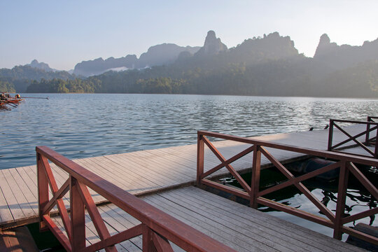 view a Morning atmosphere in Cheow Lan Dam in front of the accommodation, Khao Sok National Park,thailand