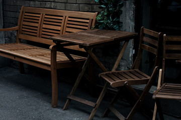 Fototapeta na wymiar outdoor restaurant with wooden table.