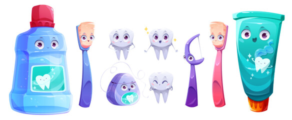 Teeth care product cartoon characters. Smiling animated mouth wash bottle, toothbrush, paste tube and floss oral hygiene and dentistry cute personages isolated on white background, Vector illustration