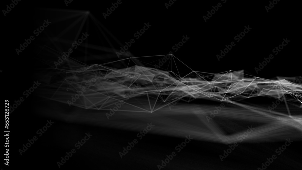 Poster Wave of digital particles on a black background. Abstract interlacing lines and points. Digital connection of elements. Simulation of the movement of small particles. 3D rendering.