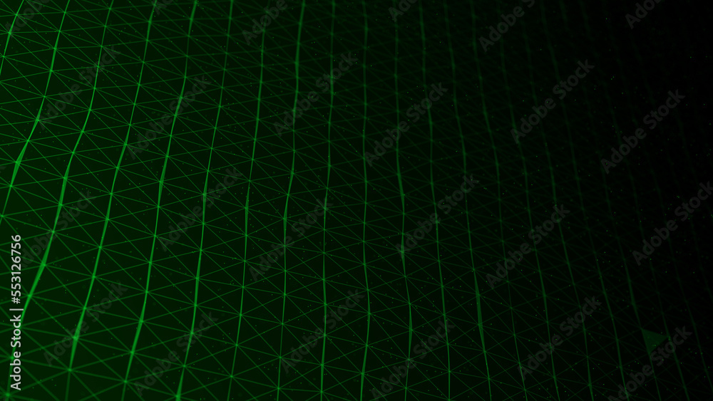 Poster Futuristic wave with lines and dots. Abstract background with a dynamic wave. Particle placement with hanging dots in space. Large data background. 3d rendering.