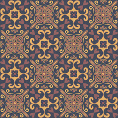 Dark stylish ceramic tile, square seamless pattern with ornate curlicues and fantasy flowers vector illustration