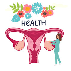 Female menstrual cycle. landing page Female doctor tracking menstrual cycle. Vector illustration of female reproductive system