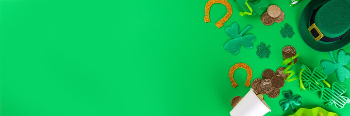 Happy Patrick's Day greeting card party invitation. Accessories for St Patrick holiday leprechaun...