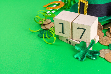 Happy Patrick's Day greeting card party invitation. Accessories for St Patrick holiday leprechaun...