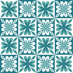 Decorative ceramic tile mosaic square shape, trendy green mint white pastel color and ornate arabic pattern, vintage vector illustration