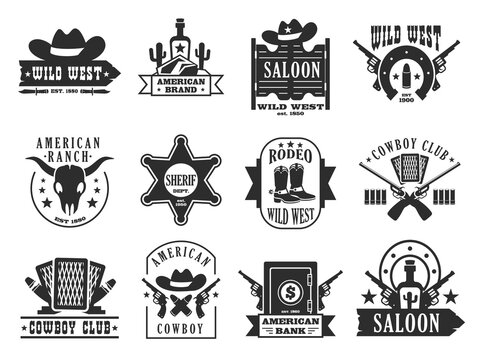 Wild west logo. Western american cowboy badges with cactus horse lasso gun elements, cartoon flat emblems for print stamp label design. Vector set